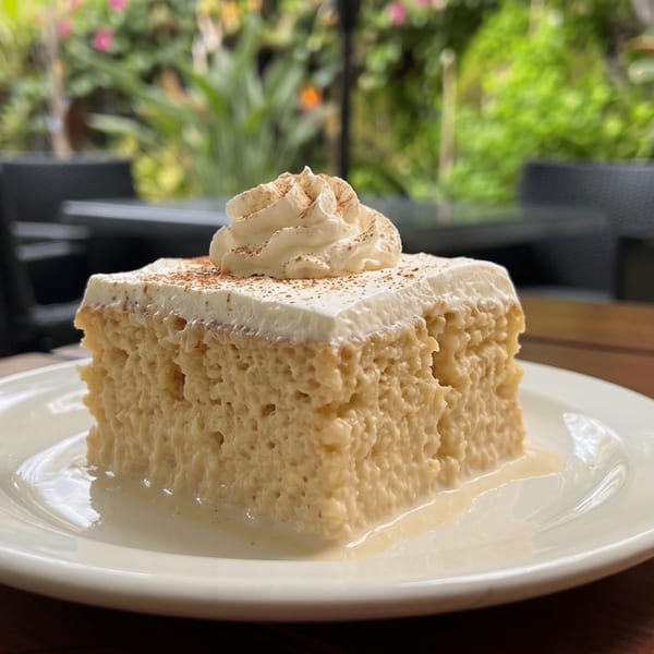Creamy square dessert topped with whipped cream and cinnamon, served on a white plate at an outdoor restaurant table.