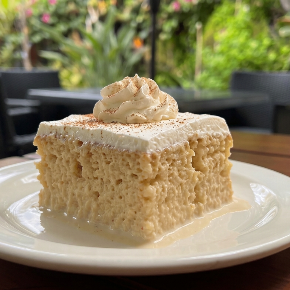 Creamy square dessert topped with whipped cream and cinnamon, served on a white plate at an outdoor restaurant table.
